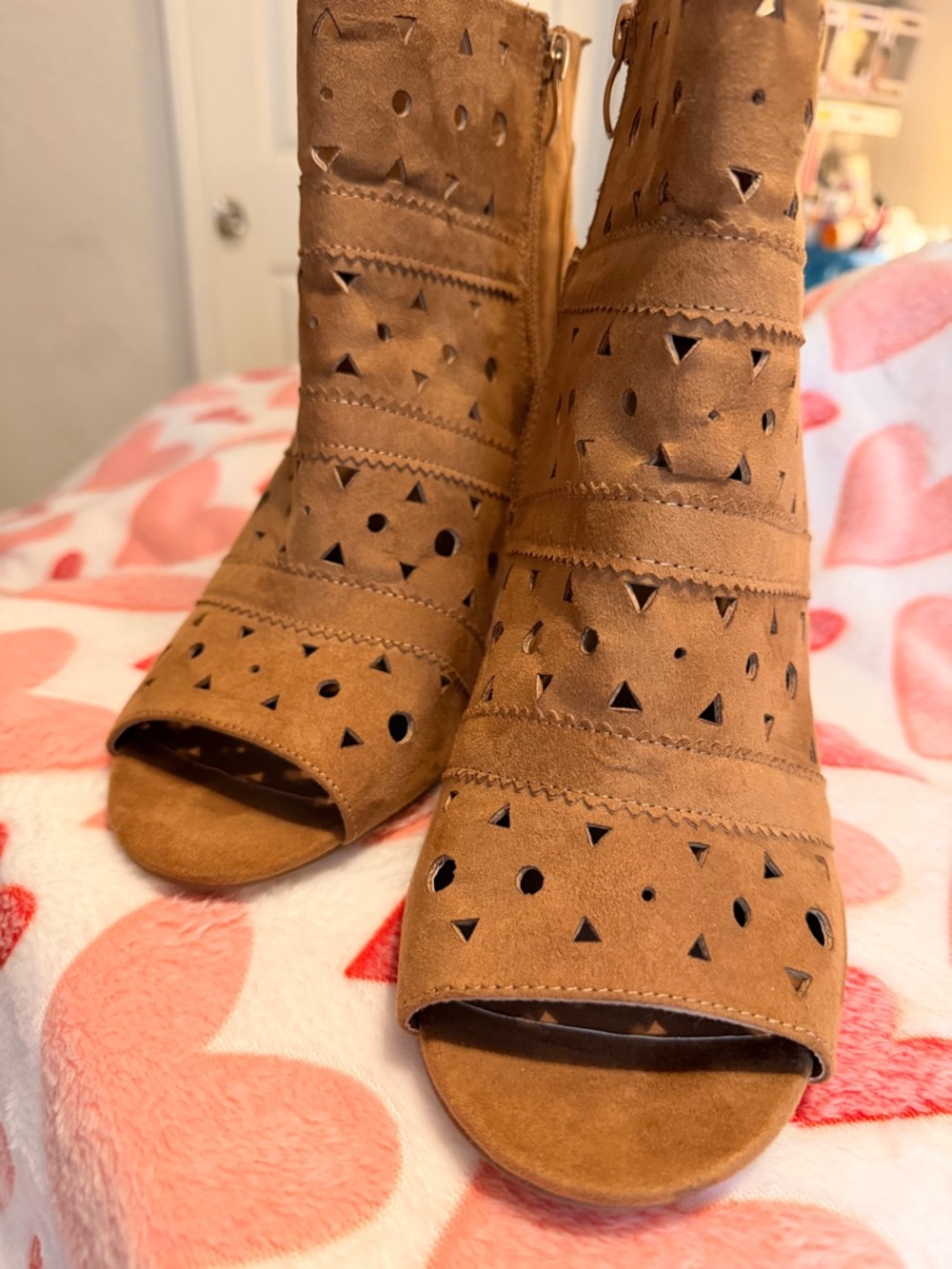 Torrid Tan Suede Laser-Cut Open-Toe Ankle Booties 4.5 inch heel - Picture 2 of 7